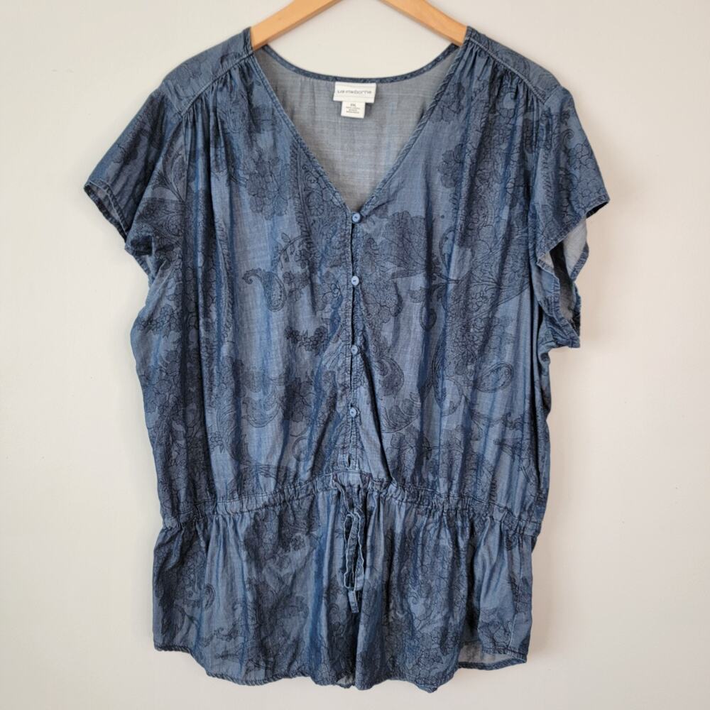 Liz Claiborne Chambray Paisley Floral Flutter Top Sz XXL Cottage Whimsy Western
